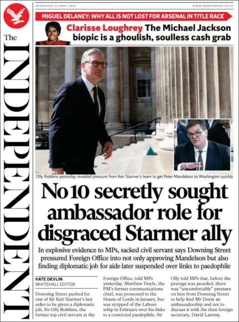 Portada de The Independent del miércoles, 22 de abril de 2026