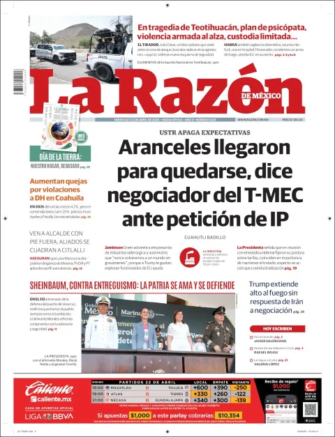 Portada de La Razon del miércoles, 22 de abril de 2026