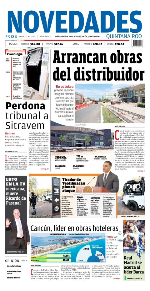 Portada de Novedades Quintana Roo del miércoles, 22 de abril de 2026