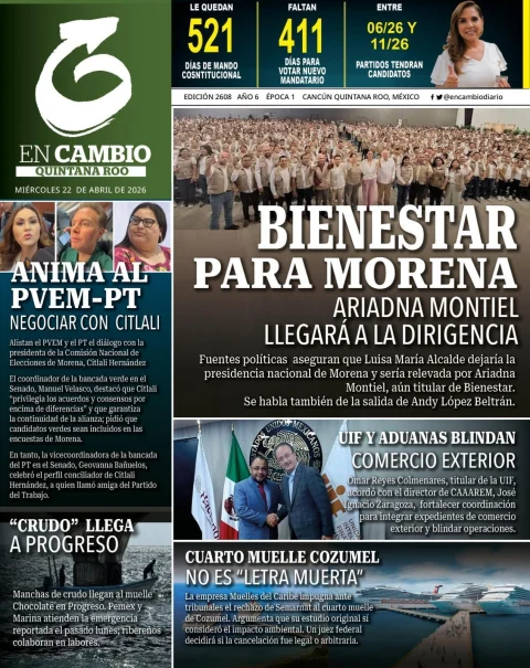 Portada de En Cambio - Quintana Roo (portada) del miércoles, 22 de abril de 2026