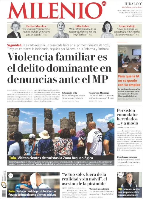 Portada de Milenio Hidalgo del miércoles, 22 de abril de 2026