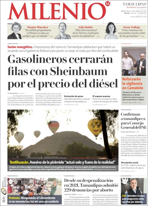Portada de Milenio Tamaulipas del miércoles, 22 de abril de 2026