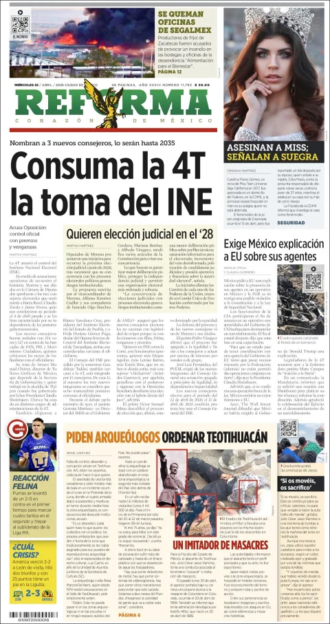 Portada de Reforma del miércoles, 22 de abril de 2026