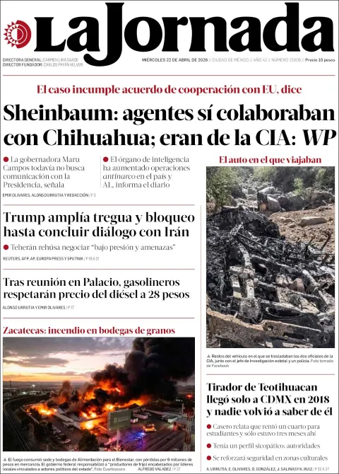 Portada de La Jornada del miércoles, 22 de abril de 2026