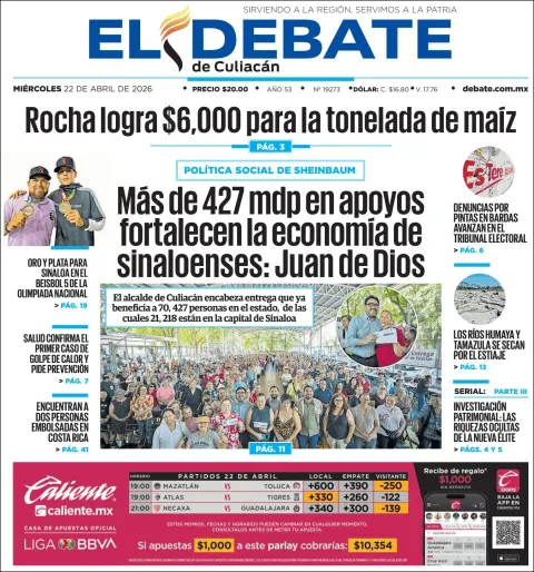 Portada de El Debate de Culiacan del miércoles, 22 de abril de 2026