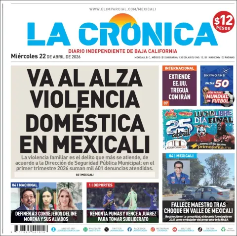 Portada de La Cronica del miércoles, 22 de abril de 2026