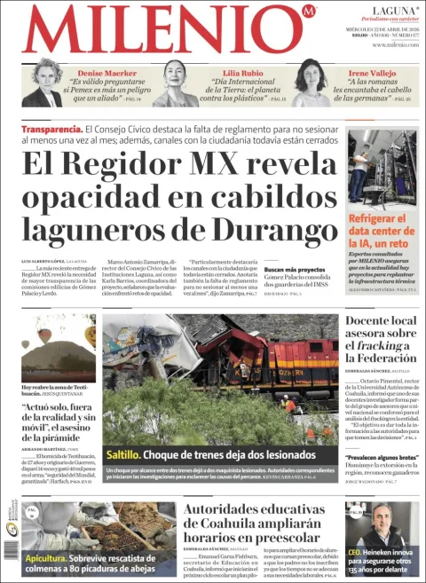 Portada de Milenio Laguna del miércoles, 22 de abril de 2026