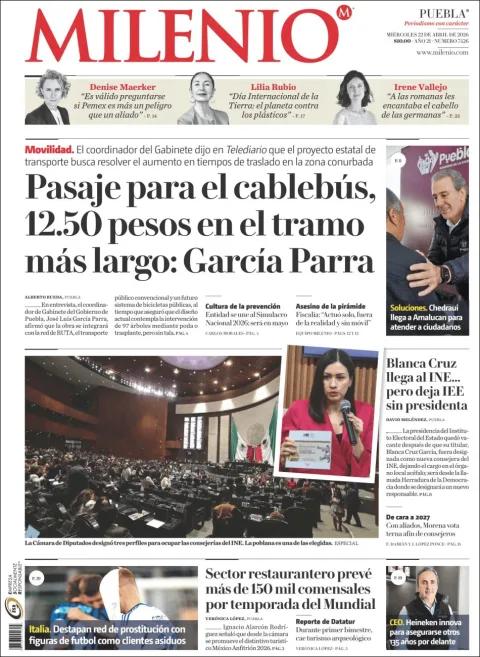 Portada de Milenio Puebla del miércoles, 22 de abril de 2026