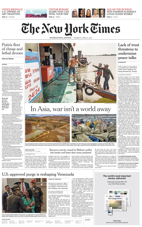 Portada de The New York Times (international) del jueves, 23 de abril de 2026