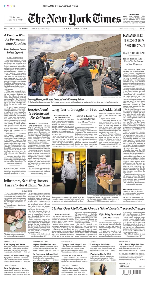Portada de The New York Times (new York) del jueves, 23 de abril de 2026