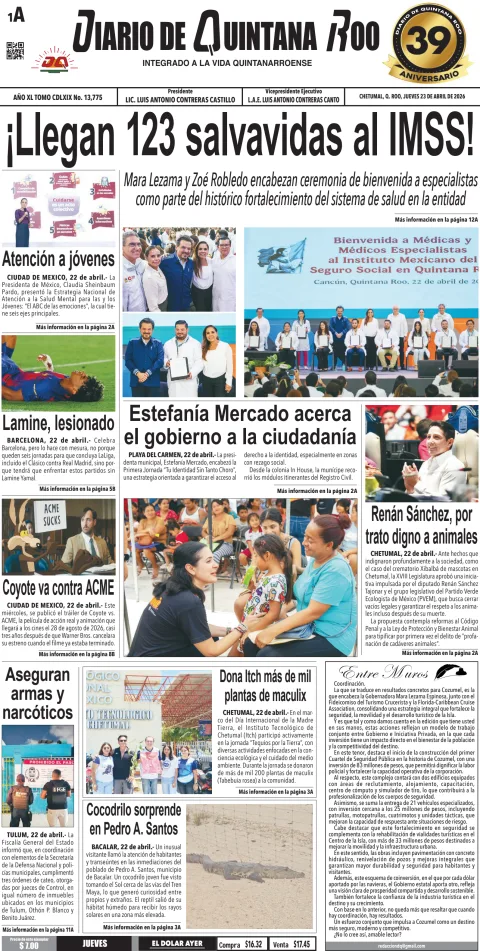 Portada de Diario de Quintana Roo (portada) del 2026-04-23
