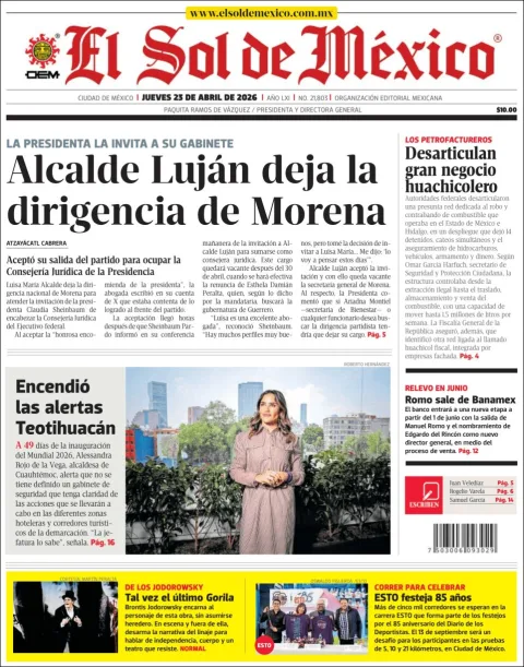Portada de El Sol de Mexico del jueves, 23 de abril de 2026
