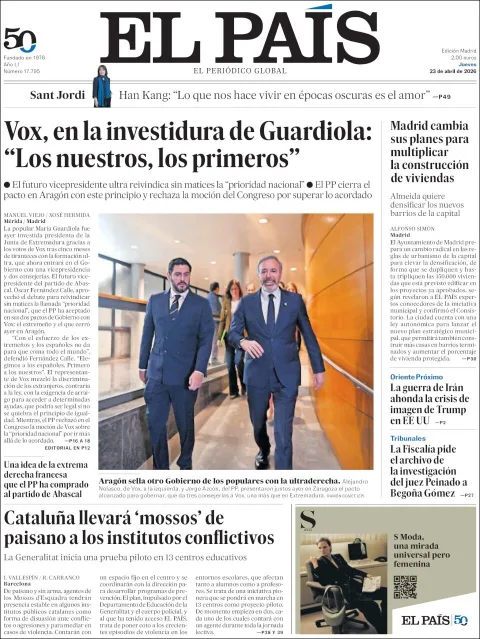 Portada de El Pais del jueves, 23 de abril de 2026