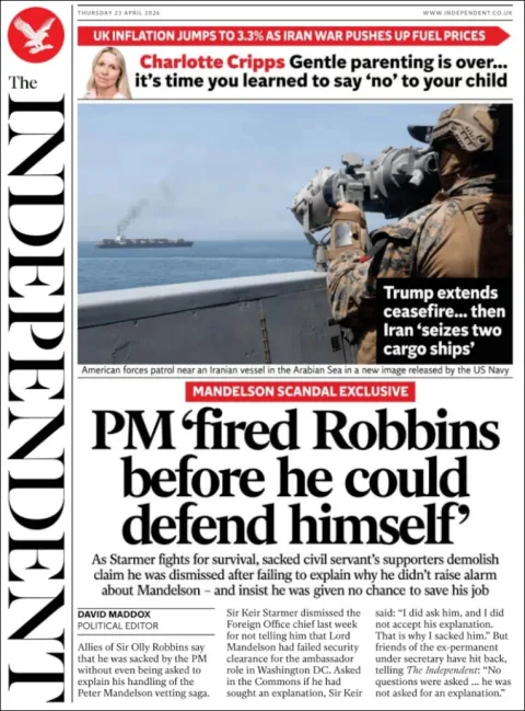 Portada de The Independent del jueves, 23 de abril de 2026