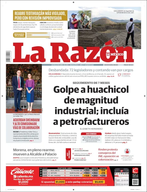 Portada de La Razon del jueves, 23 de abril de 2026