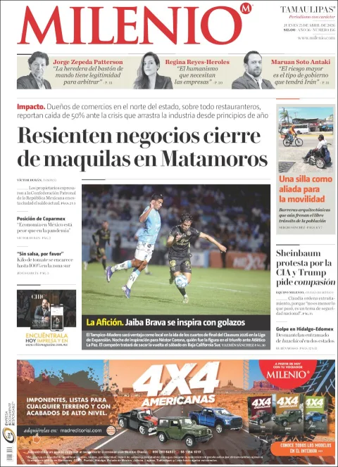 Portada de Milenio Tamaulipas del jueves, 23 de abril de 2026