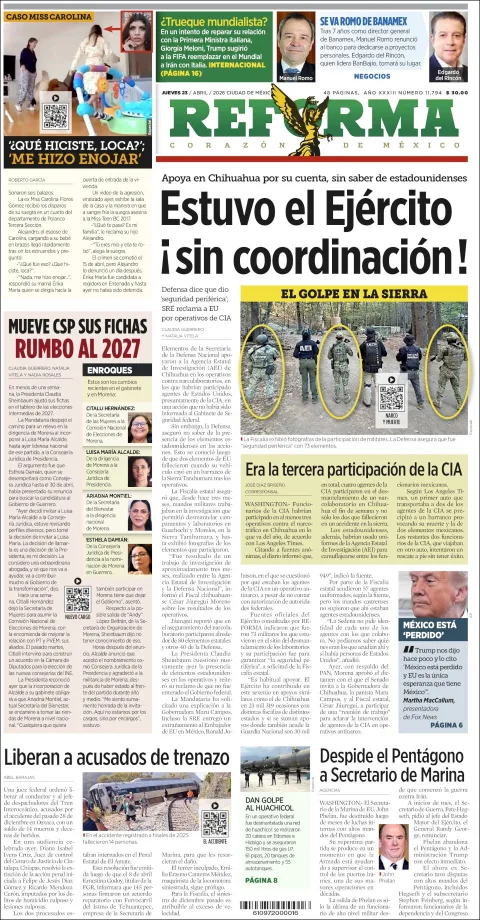 Portada de Reforma del jueves, 23 de abril de 2026