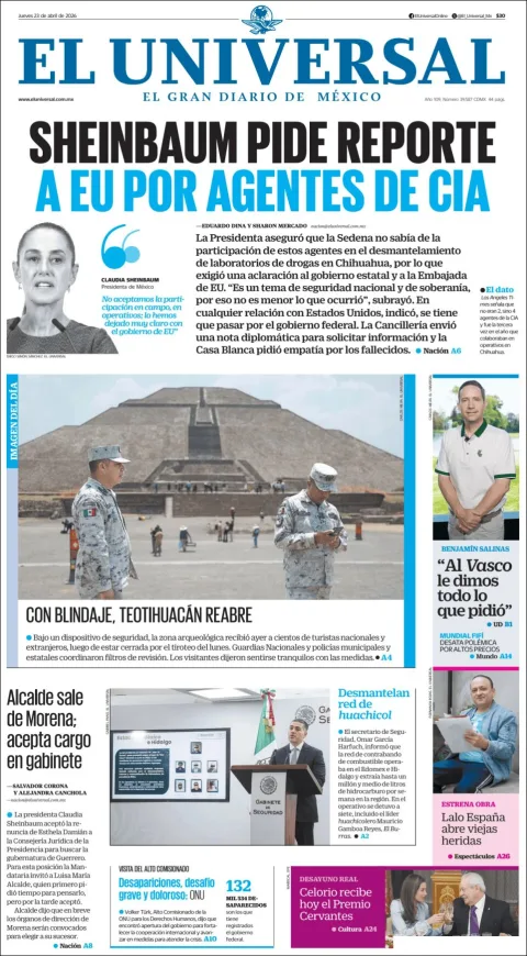 Portada de El Universal del jueves, 23 de abril de 2026