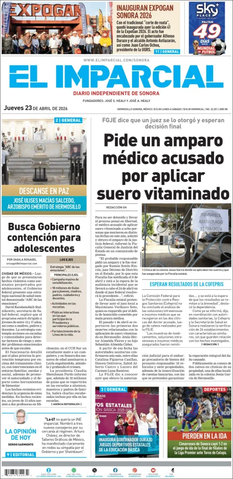 Portada de El Imparcial del jueves, 23 de abril de 2026