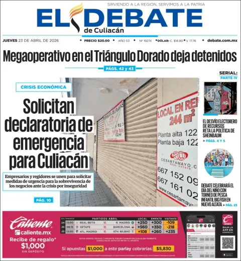 Portada de El Debate de Culiacan del jueves, 23 de abril de 2026