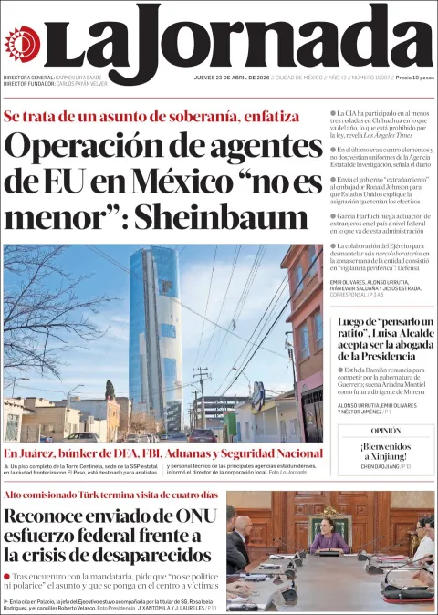 Portada de La Jornada del jueves, 23 de abril de 2026