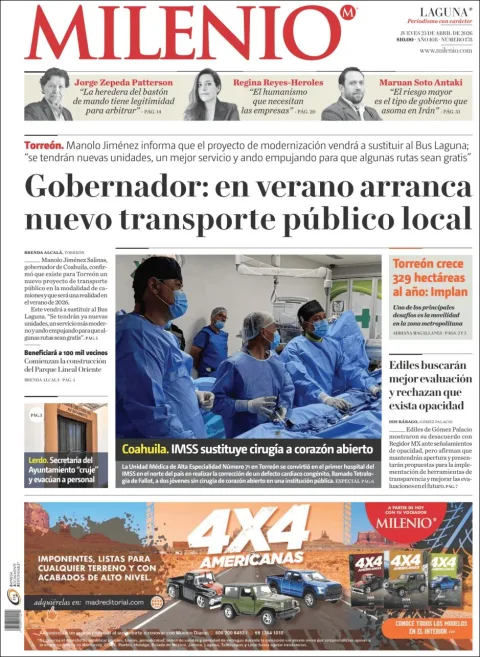 Portada de Milenio Laguna del jueves, 23 de abril de 2026