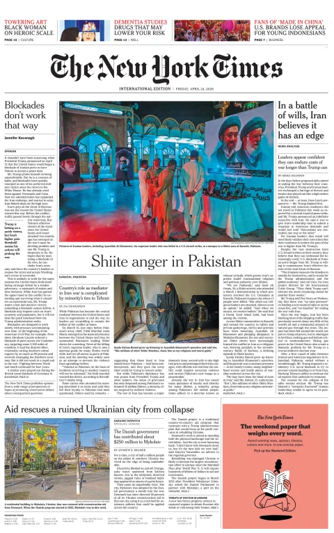 Portada de The New York Times (international) del viernes, 24 de abril de 2026