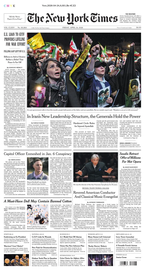 Portada de The New York Times (national) del viernes, 24 de abril de 2026
