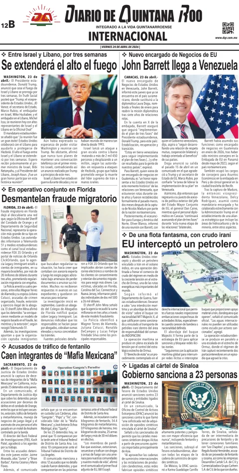 Portada de Diario de Quintana Roo (contra Portada) del 2026-04-24