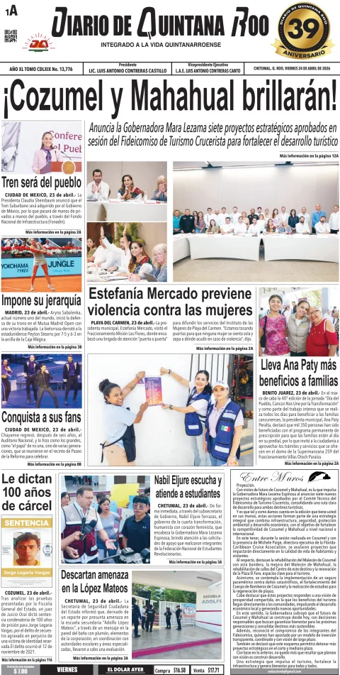 Portada de Diario de Quintana Roo (portada) del 2026-04-24
