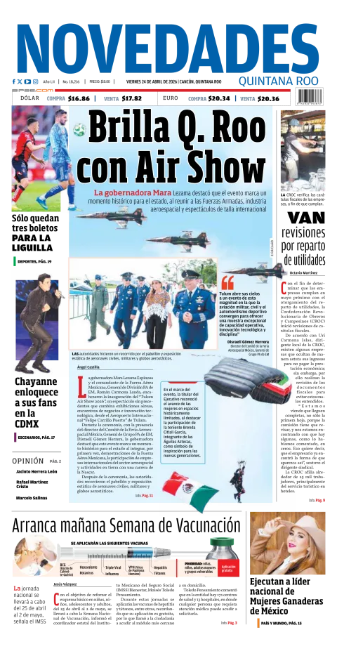 Portada de Novedades Quintana Roo del viernes, 24 de abril de 2026