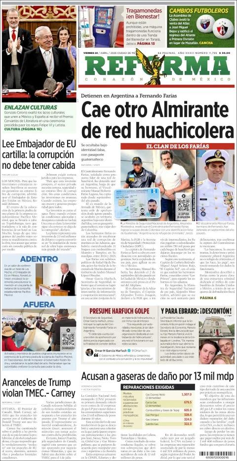 Portada de Reforma del viernes, 24 de abril de 2026