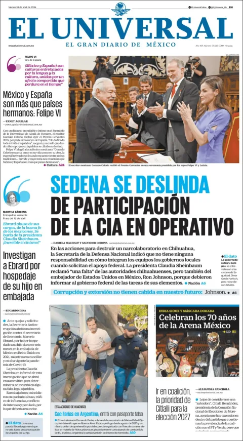 Portada de El Universal del viernes, 24 de abril de 2026