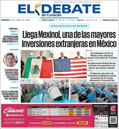 Portada de El Debate de Culiacan del viernes, 24 de abril de 2026