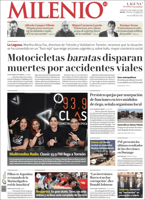 Portada de Milenio Laguna del viernes, 24 de abril de 2026