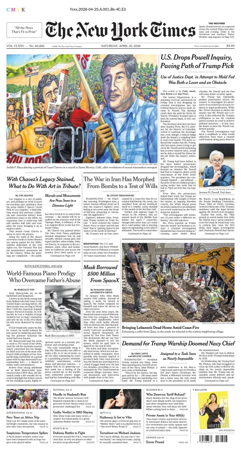 Portada de The New York Times (national) del sábado, 25 de abril de 2026