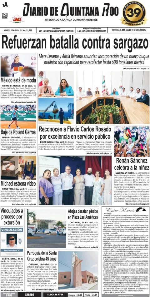 Portada de Diario de Quintana Roo (portada) del 2026-04-25