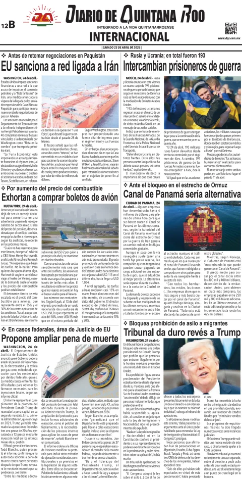 Portada de Diario de Quintana Roo (contra Portada) del 2026-04-25