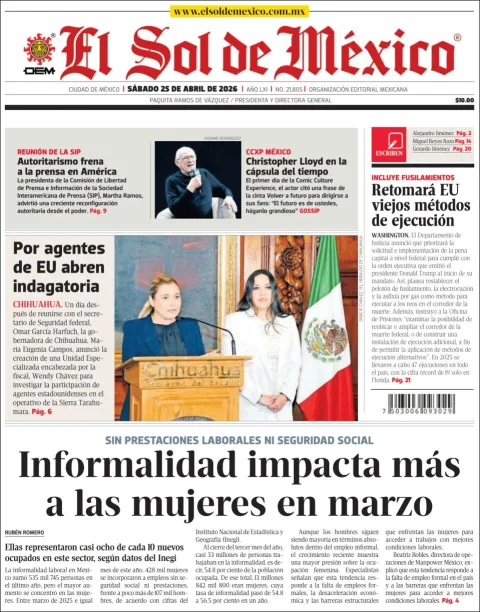 Portada de El Sol de Mexico del sábado, 25 de abril de 2026
