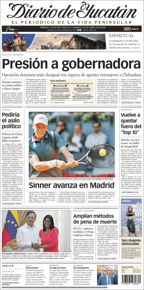 Portada de Diario de Yucatán del sábado, 25 de abril de 2026