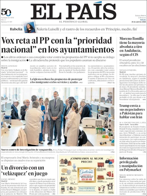 Portada de El Pais del sábado, 25 de abril de 2026