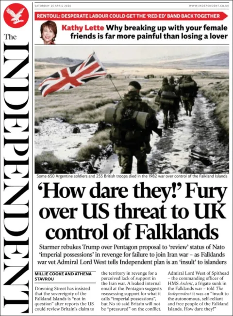 Portada de The Independent del sábado, 25 de abril de 2026