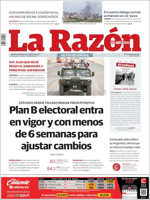 Portada de La Razon del sábado, 25 de abril de 2026