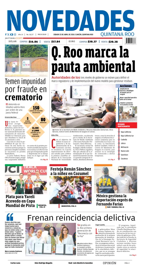 Portada de Novedades Quintana Roo del sábado, 25 de abril de 2026