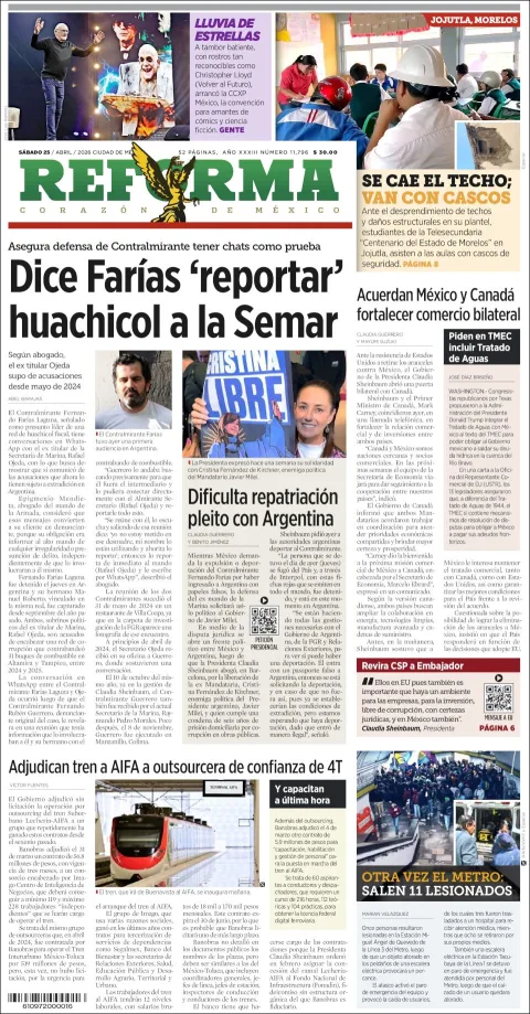 Portada de Reforma del sábado, 25 de abril de 2026