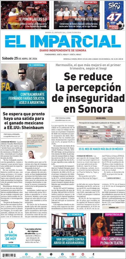 Portada de El Imparcial del sábado, 25 de abril de 2026