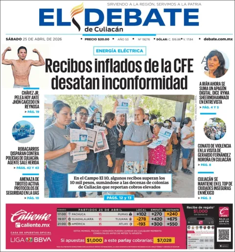 Portada de El Debate de Culiacan del sábado, 25 de abril de 2026
