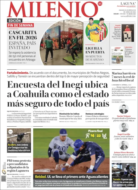 Portada de Milenio Laguna del sábado, 25 de abril de 2026