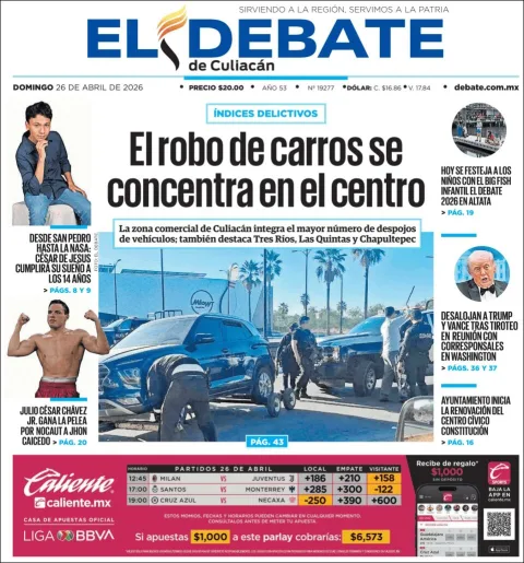 Portada de El Debate de Culiacan del domingo, 26 de abril de 2026