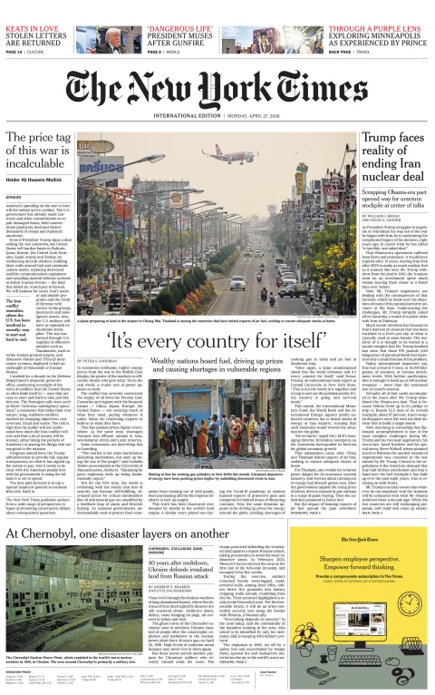 Portada de The New York Times (international) del lunes, 27 de abril de 2026